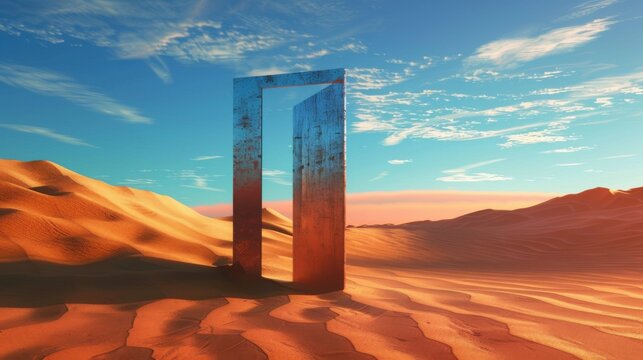 3D illustration of an opened door in a vast desert, symbolizing unknown possibilities and new beginnings, evoking a sense of exploration and startup concepts.

