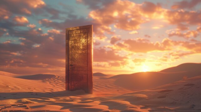 3D illustration of an opened door in a vast desert, symbolizing unknown possibilities and new beginnings, evoking a sense of exploration and startup concepts.

