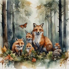 Fototapeta premium Watercolor woodland animals letters for invitation card, nursery poster and other.