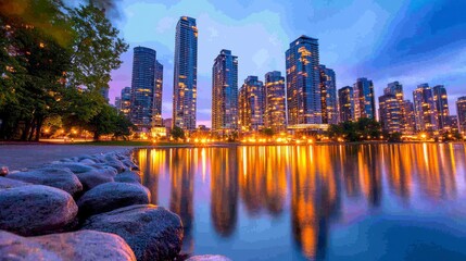 Fototapeta premium A city skyline is reflected in the water of a lake