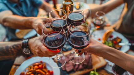 Happy friends toasting red wine glasses at a rooftop dinner party. People enjoying meat and drinks together on a restaurant patio, celebrating with laughter and good company.

