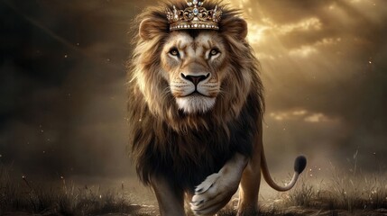 Fototapeta premium Majestic lion adorned with a golden crown walking confidently through a sunlit savanna, symbolizing power, royalty, and natural beauty in wildlife photography