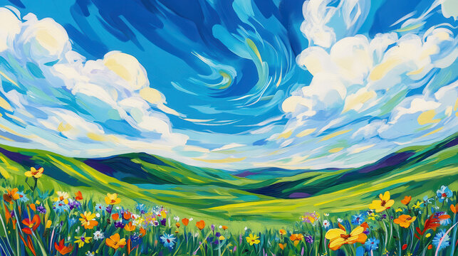 A vibrant, stylized summer meadow scene, rolling green hills with colorful wildflowers