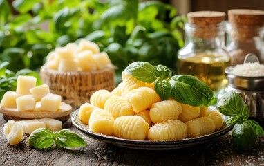 A plate of gnocchi displayed in a quaint Italian kitchen with fresh basil and Parmesan nearby