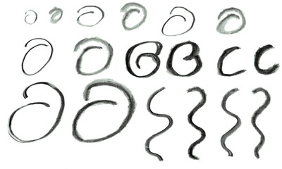 black and white charcoal shapes, lines and waves, hand-drawn