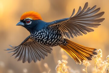 Obraz premium Vibrant Orange-Crested Bird in Flight Against Golden Backdrop - Wildlife Beauty for Nature Lovers