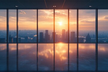 Fototapeta premium Stunning Urban Sunset View from Modern Skyscraper with Panoramic Windows Overlooking City Skyline and Vibrant Sky