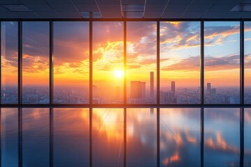 Fototapeta premium Stunning Sunset View from Modern Office Building with Panoramic Windows Overlooking City Skyline