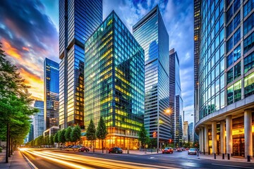 Fototapeta premium Modern Cityscape: Sleek Office Buildings & Urban Street - Stock Photo