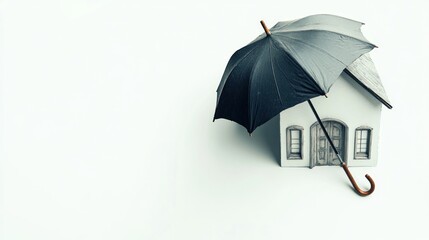 Small house model protected by black umbrella on white background.