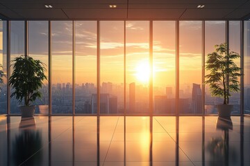 Fototapeta premium Modern Office Interior with Panoramic City View and Sunset Through Large Glass Windows