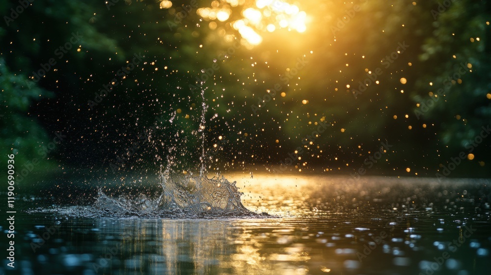 Wall mural sunlight reflections on a lake with raindrops and bokeh effect