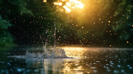 Sunlight Reflections on a Lake with Raindrops and Bokeh Effect