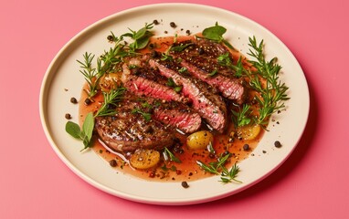 A plate of steak au poivre with flying peppercorns and herb sprigs on a pastel red backdrop
