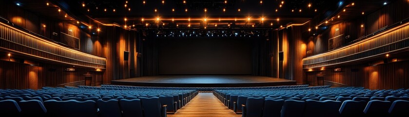 Naklejka premium Modern Theater Interior with Rows of Blue Seats and Warm Ambient Lighting in a Spacious Auditorium Setting for Performances and Events