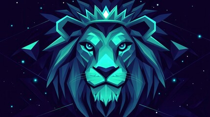 Abstract geometrical illustration of a lion's face with a crown and starry background in turquoise and blue shades with sharp angles and a mystical vibe