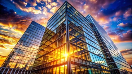 Fototapeta premium Modern Glass Skyscraper Office Building Exterior at Sunset - Corporate Business Architecture