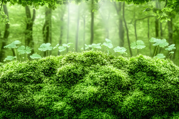 Fototapeta premium Lush green moss and plants in a sun-dappled forest; nature background for website or print