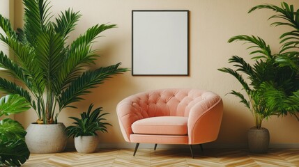 Cozy Pink Sofa Surrounded by Lush Green Plants in Minimalist Decor