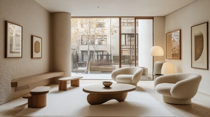 Modern minimalist living room with natural light and soft textures
