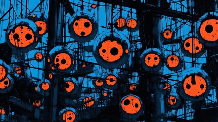 Abstract Design of Floating Spheres in Bright Orange and Blue