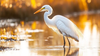 Naklejka premium Elegant Egret Standing Gracefully in Shimmering Water at Sunrise, Surrounded by Lush Vegetation and Bathed in Golden Light, Capturing a Serene Moment in Nature