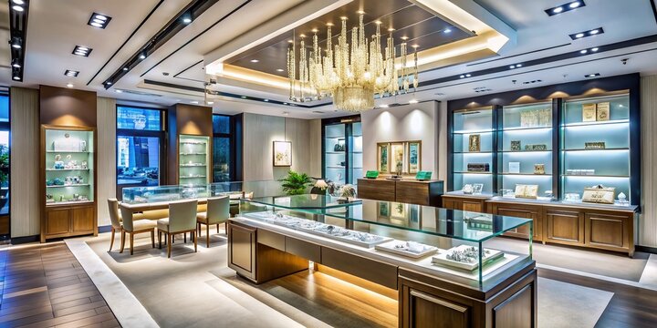 Modern Jewelry Store Interior: Sleek Display Cases & Minimalist Design
