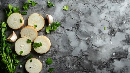 Aerial view of yams with fresh herbs and garlic, isolated on a textured gray surface
