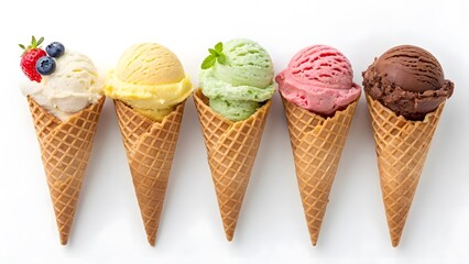 Various flavors of ice cream cones arranged on a white background.