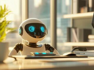 A smart humanoid robot with advanced artificial intelligence, reaching out to touch a glowing holographic digital interface