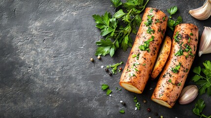 Aerial view of yams with fresh herbs and garlic, isolated on a textured gray surface