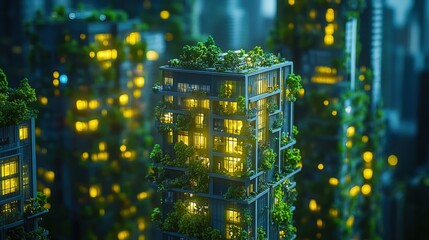 Futuristic Urban Eco-Friendly Architecture at Night with Greenery