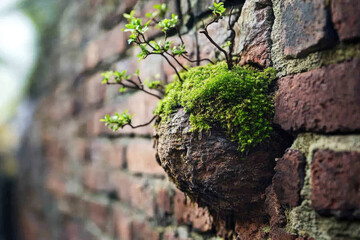A detailed view of a rustic brick wall with hints of moss growing between the cracks, adding natural charm 