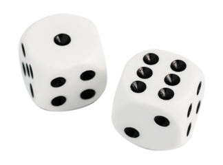 Top view of two white dices isolated on white background.