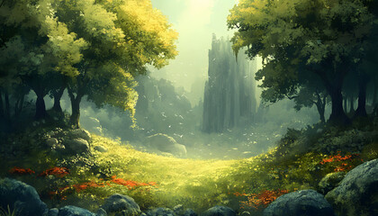 Enchanting Forest Landscape with Distant Towering Cliffs