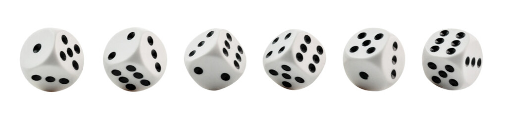 Top view Six clean dices with Numbers 1, 2, 3, 4, 5, 6,  isolated on background.