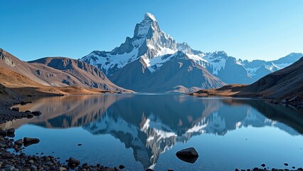 Obraz premium Sunlit peaks of the iconic Matterhorn overlook a serene alpine lake in Switzerland's breathtaking Zermatt region