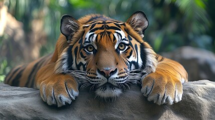 Obraz premium Majestic Tiger Relaxing in a Lush Jungle Environment