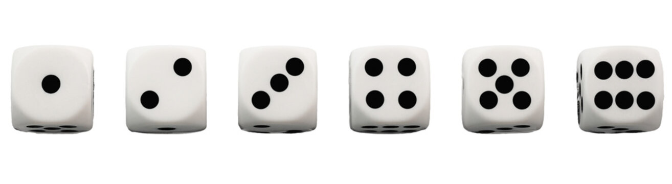 Top view Six clean dices with Numbers 1, 2, 3, 4, 5, 6,  isolated on background.