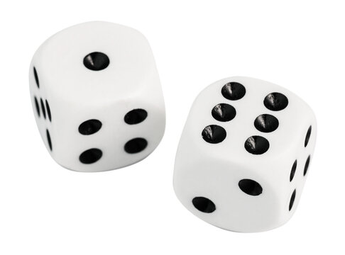 Top view of two white dices isolated on white background.