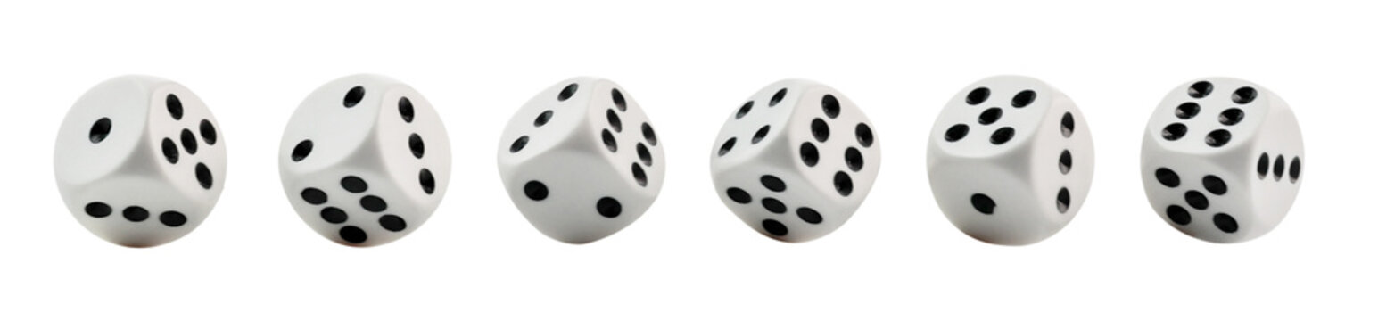 Top view Six clean dices with Numbers 1, 2, 3, 4, 5, 6,  isolated on background.