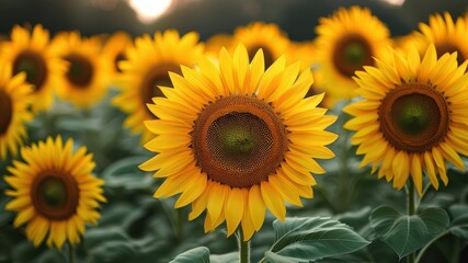 Obraz premium Vibrant sunflower field showcasing bright blooms, symbolizing summer and natural beauty in agriculture