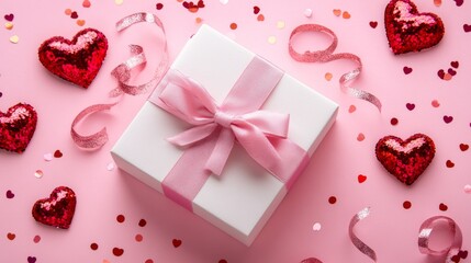 Top view of valentine's day decorations: white gift box with bow, pink curly ribbon, and sequins on soft pastel pink background with copyspace for personalization


