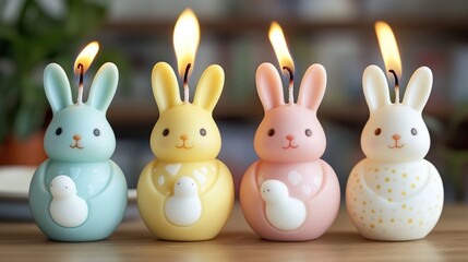 Four lit bunny candles in pastel colors.