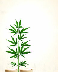 Young cannabis plant growing in pots, light beige background, potential use for medical or agricultural publications