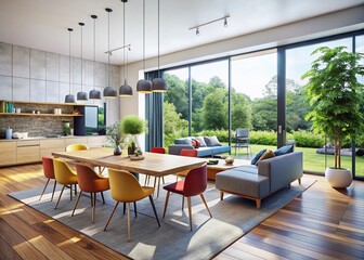 Fototapeta premium Modern Minimalist Open Plan Living Space with Floor-to-Ceiling Windows and Sleek Dining Area