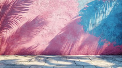 Colorful Wall with Shadow of Palm Leaves in Urban Environment