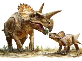 Fototapeta premium Two Dinosaurs Interacting in a Prehistoric Landscape with Lush Vegetation and Mountains.