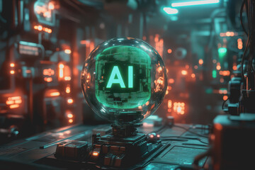 A green hologram of the word “AI” floats in front of you, surrounded by a futuristic cityscape.