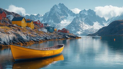 Colorful Nordic Fishing Village by a Mountain Fjord